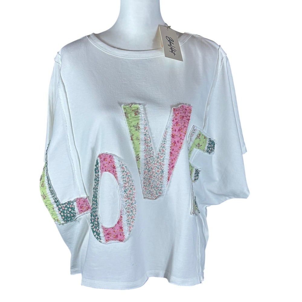 Blue Velvet T-Shirt NWT Women S Off White Patchwork Love Floral Oversized